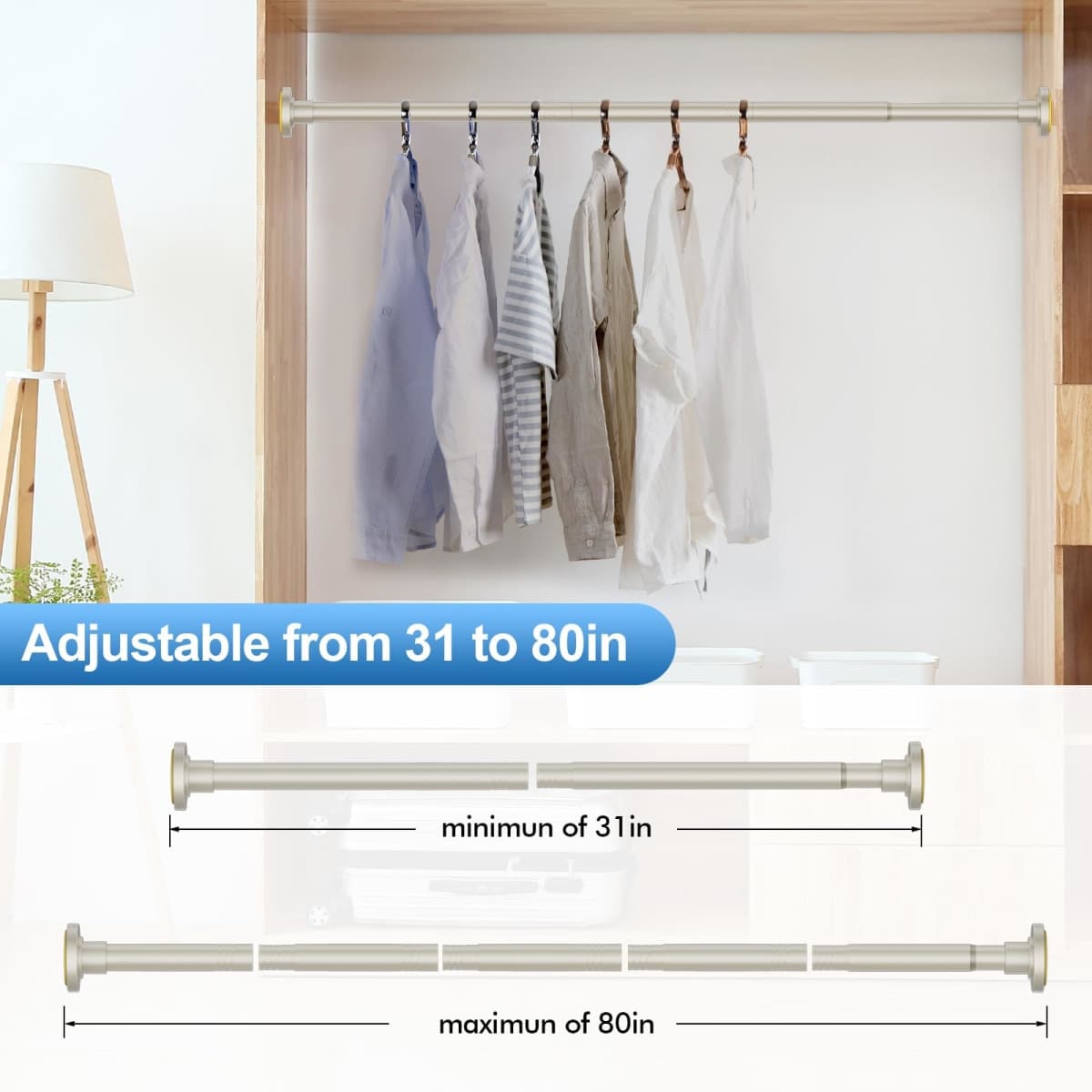 CorkLatta Brushed Nickel Shower Curtain Rod 31 to 80 Inch,1 Inch Diameter Adjustable Spring Tension Stainless Steel Telescoping Rod,Easy Install,No Rust thumbnail 4