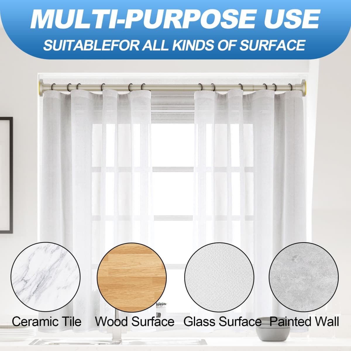 CorkLatta Brushed Nickel Shower Curtain Rod 31 to 80 Inch,1 Inch Diameter Adjustable Spring Tension Stainless Steel Telescoping Rod,Easy Install,No Rust thumbnail 5