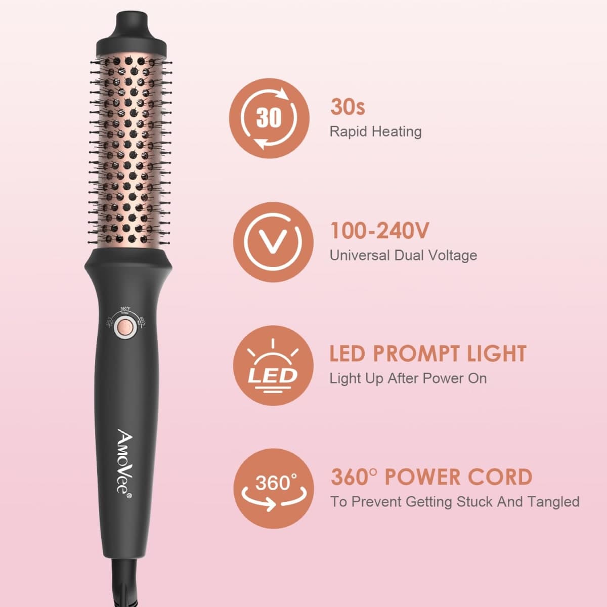 Heated Round Brush, Fast Heating Curling Iron for Blowout Look, 3 Temp Settings, 1.25 Inch Thermal Brush with Dual Voltage, Smooth and Voluminous Curls for Travel thumbnail 3