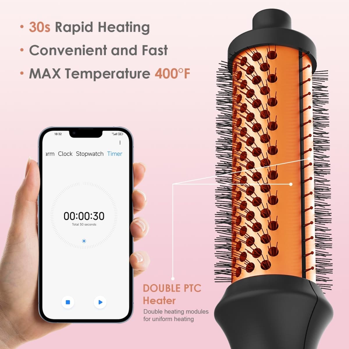 Heated Round Brush, Fast Heating Curling Iron for Blowout Look, 3 Temp Settings, 1.25 Inch Thermal Brush with Dual Voltage, Smooth and Voluminous Curls for Travel thumbnail 5
