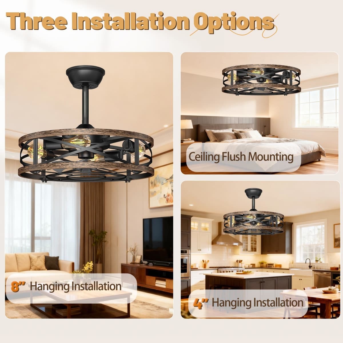 Retro Vintage Caged Ceiling Fan with Light,20in Low Profile Ceiling Fan,Small Farmhouse Rustic Fandaliers Ceiling Fans with Lights,Reversilbe Bladeless Fan Light Ceiling Fixture for Bedroom Kitchen thumbnail 2