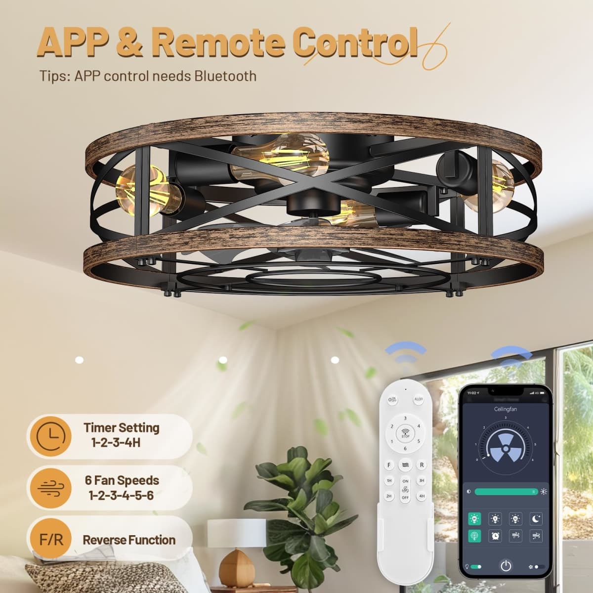 Retro Vintage Caged Ceiling Fan with Light,20in Low Profile Ceiling Fan,Small Farmhouse Rustic Fandaliers Ceiling Fans with Lights,Reversilbe Bladeless Fan Light Ceiling Fixture for Bedroom Kitchen thumbnail 3