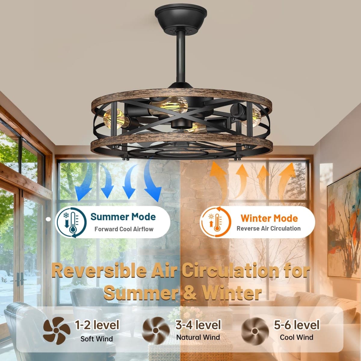 Retro Vintage Caged Ceiling Fan with Light,20in Low Profile Ceiling Fan,Small Farmhouse Rustic Fandaliers Ceiling Fans with Lights,Reversilbe Bladeless Fan Light Ceiling Fixture for Bedroom Kitchen thumbnail 4