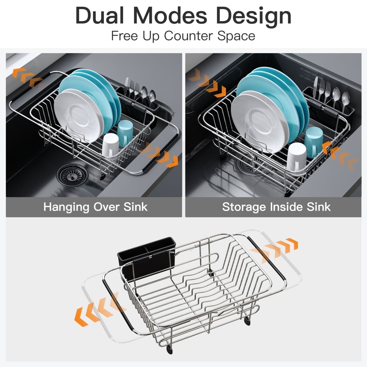 Apartment RV Small Dish Drainer Drying Rack Over The Sink In Stainless Steel for Narrow Kitchen, Counter Space Saving Compact Expandable Metal Plate Dryer Strainer, Modern Above Wire Drain Holder thumbnail 2
