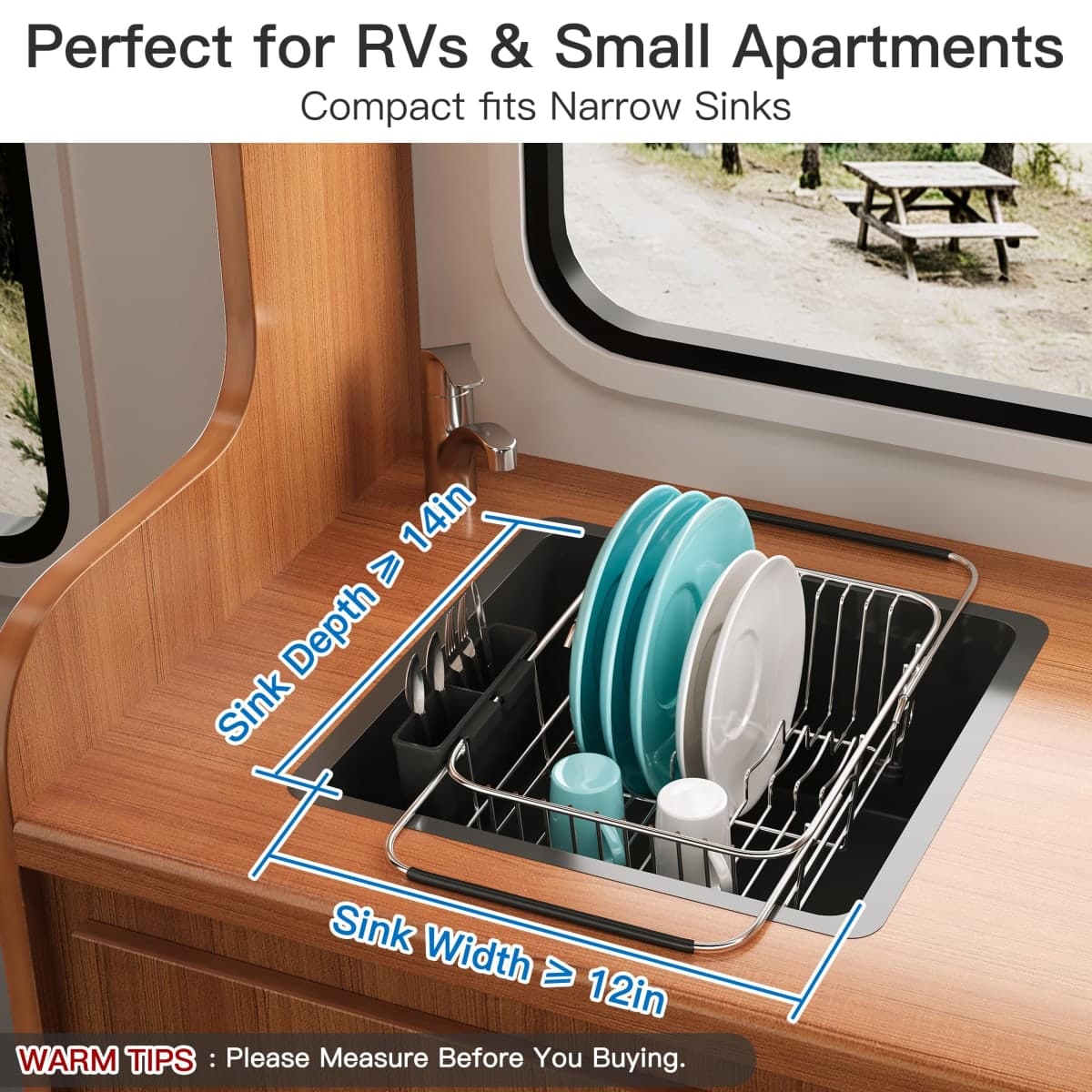 Apartment RV Small Dish Drainer Drying Rack Over The Sink In Stainless Steel for Narrow Kitchen, Counter Space Saving Compact Expandable Metal Plate Dryer Strainer, Modern Above Wire Drain Holder thumbnail 3