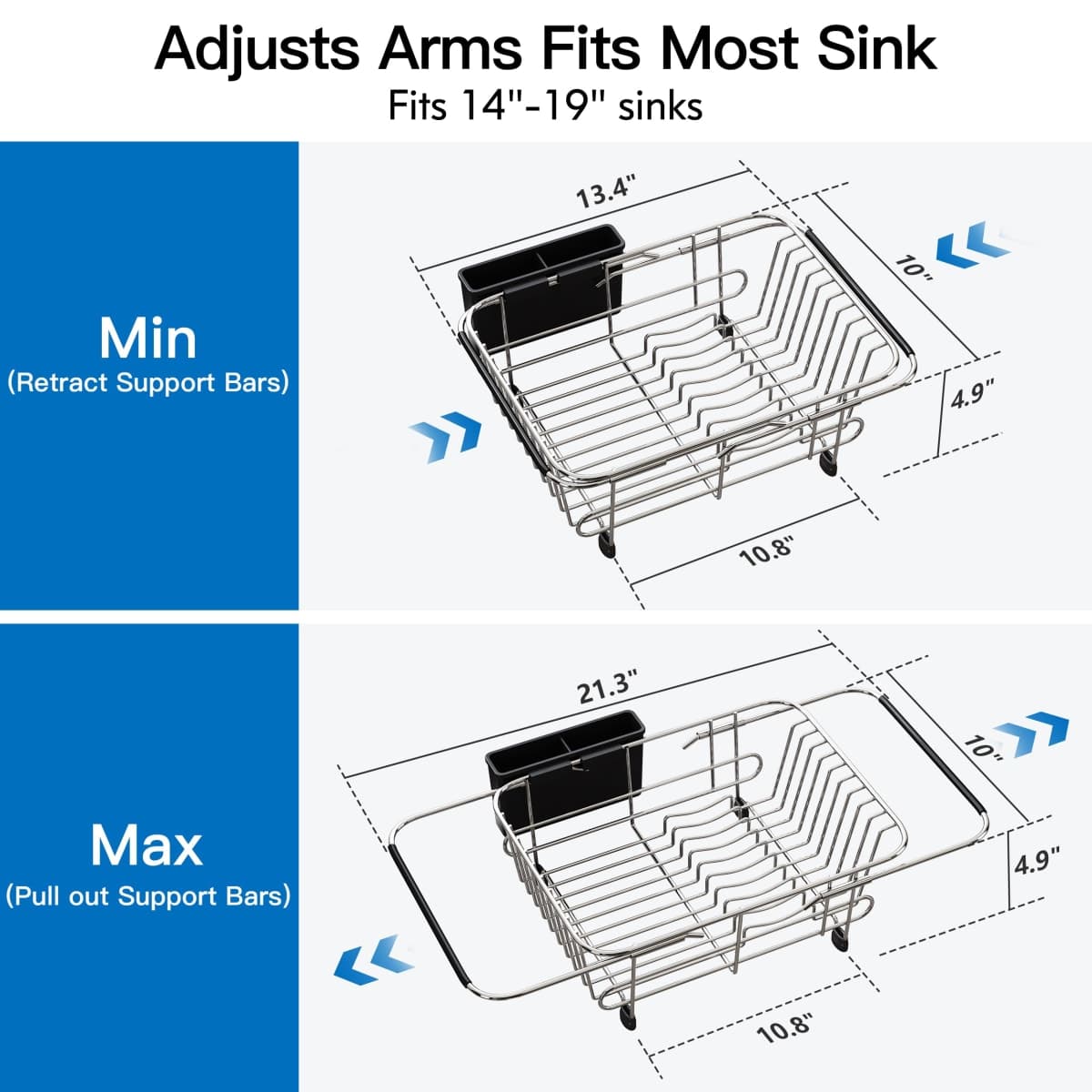 Apartment RV Small Dish Drainer Drying Rack Over The Sink In Stainless Steel for Narrow Kitchen, Counter Space Saving Compact Expandable Metal Plate Dryer Strainer, Modern Above Wire Drain Holder thumbnail 4