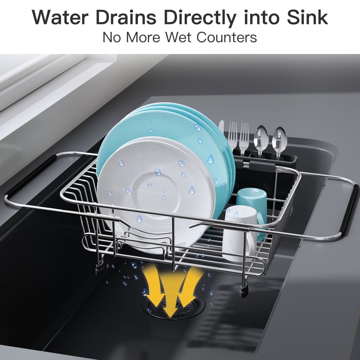 Apartment RV Small Dish Drainer Drying Rack Over The Sink In Stainless Steel for Narrow Kitchen, Counter Space Saving Compact Expandable Metal Plate Dryer Strainer, Modern Above Wire Drain Holder thumbnail 5