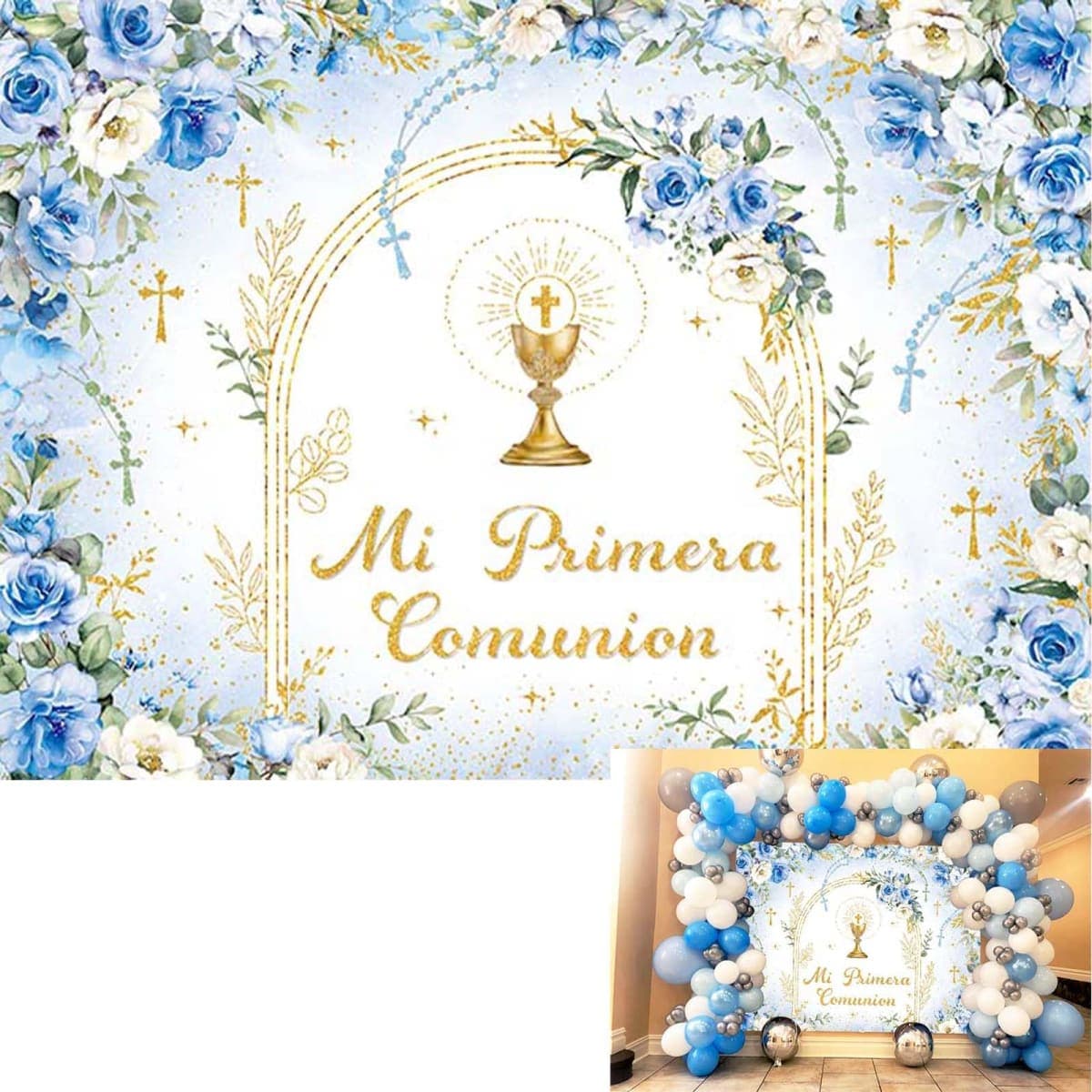 Mi Primera Comunion Backdrop Banner Blue First Holy Communion Background God Bless Christening Comunion Baby Baptism Party Decorations Banner Photo Props (Blue, 7x5FT(82 x 59 inch)) — image 1