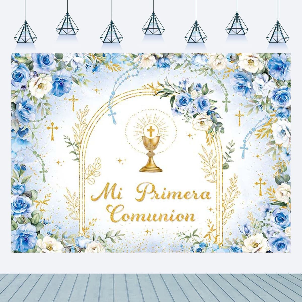 Mi Primera Comunion Backdrop Banner Blue First Holy Communion Background God Bless Christening Comunion Baby Baptism Party Decorations Banner Photo Props (Blue, 7x5FT(82 x 59 inch)) thumbnail 2
