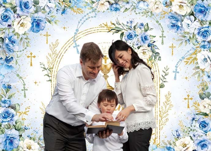 Mi Primera Comunion Backdrop Banner Blue First Holy Communion Background God Bless Christening Comunion Baby Baptism Party Decorations Banner Photo Props (Blue, 7x5FT(82 x 59 inch)) thumbnail 3