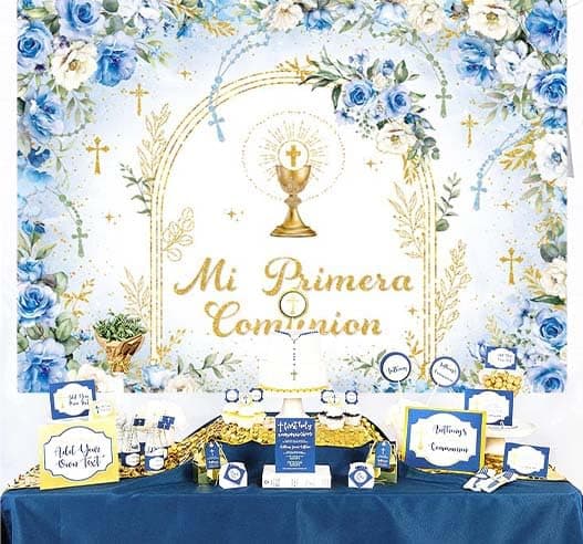 Mi Primera Comunion Backdrop Banner Blue First Holy Communion Background God Bless Christening Comunion Baby Baptism Party Decorations Banner Photo Props (Blue, 7x5FT(82 x 59 inch)) thumbnail 4