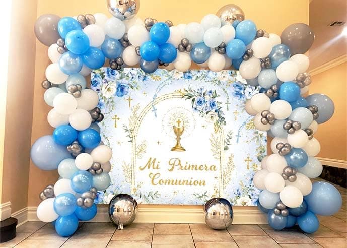 Mi Primera Comunion Backdrop Banner Blue First Holy Communion Background God Bless Christening Comunion Baby Baptism Party Decorations Banner Photo Props (Blue, 7x5FT(82 x 59 inch)) thumbnail 5