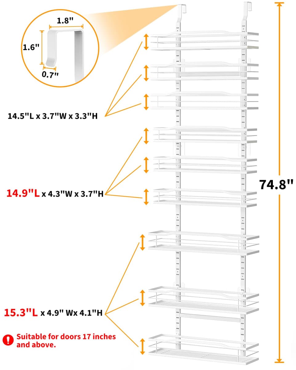 Moforoco White 9-Tier Over The Door Pantry Organizer, Pantry Organization And Storage, Metal Hanging Spice Rack Shelves Door, Home & Kitchen Essentials, Laundry Room Bathroom Organization thumbnail 2