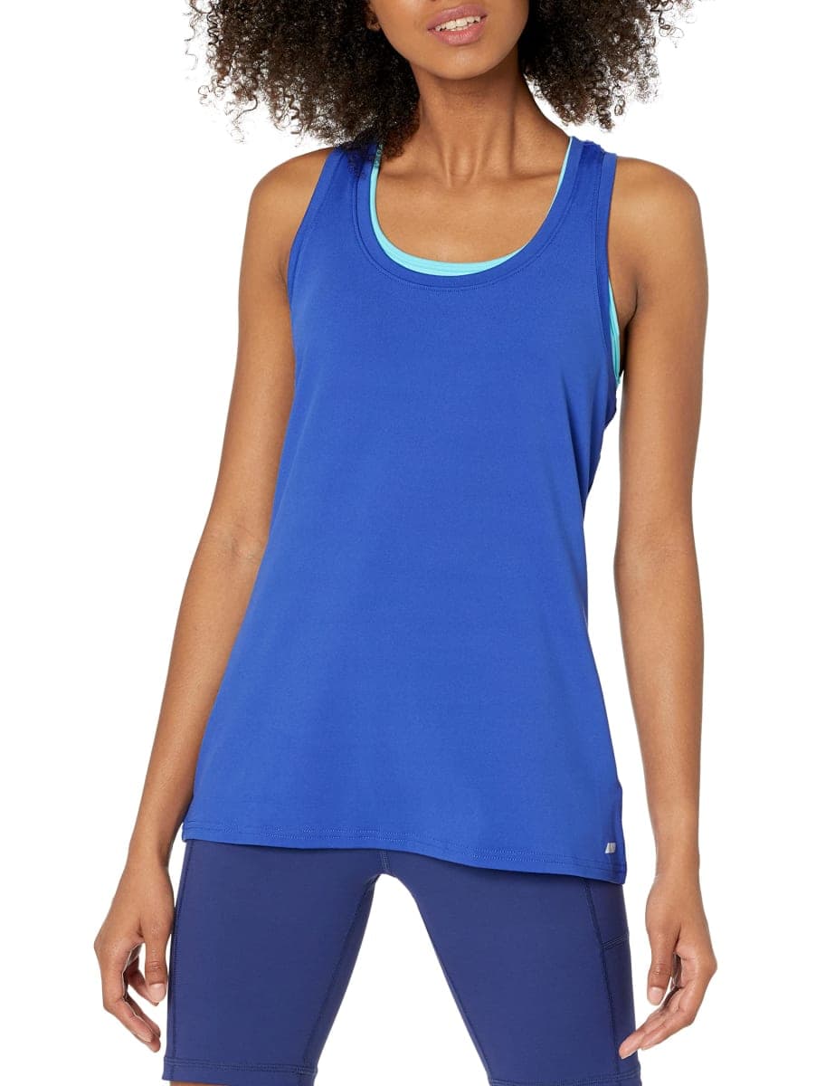 Amazon Essentials Women's 2-Pack Tech Stretch Racerback Tank Top, Bright Blue/Black, Small thumbnail 2