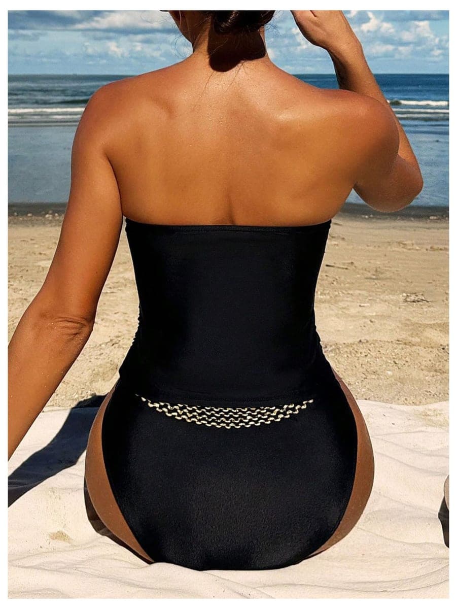WDIRARA Women's 2 Piece Color Block Tankini Set Bandeau Strapless Ruched Bathing Swimsuit, Black Boho, Large thumbnail 2