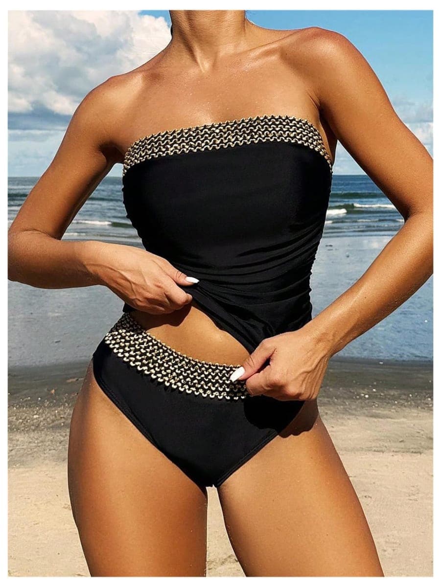 WDIRARA Women's 2 Piece Color Block Tankini Set Bandeau Strapless Ruched Bathing Swimsuit, Black Boho, Large thumbnail 3