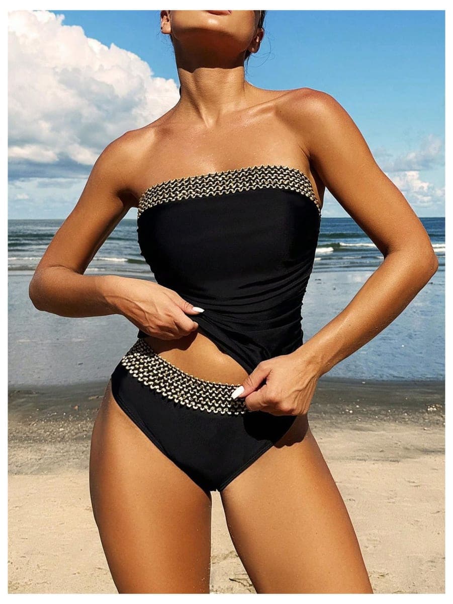 WDIRARA Women's 2 Piece Color Block Tankini Set Bandeau Strapless Ruched Bathing Swimsuit, Black Boho, Large thumbnail 5