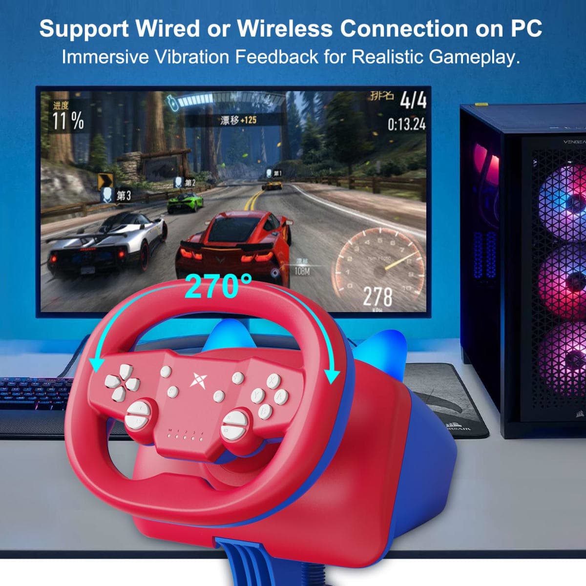 DOYO Gaming Steering Wheel with Pedals, 270 Degree Racing Wheel with Dual-Vibration Motors, Wireless Steering Wheel for PS4, PC, Switch, PS3, IOS, Android Racing Games thumbnail 5