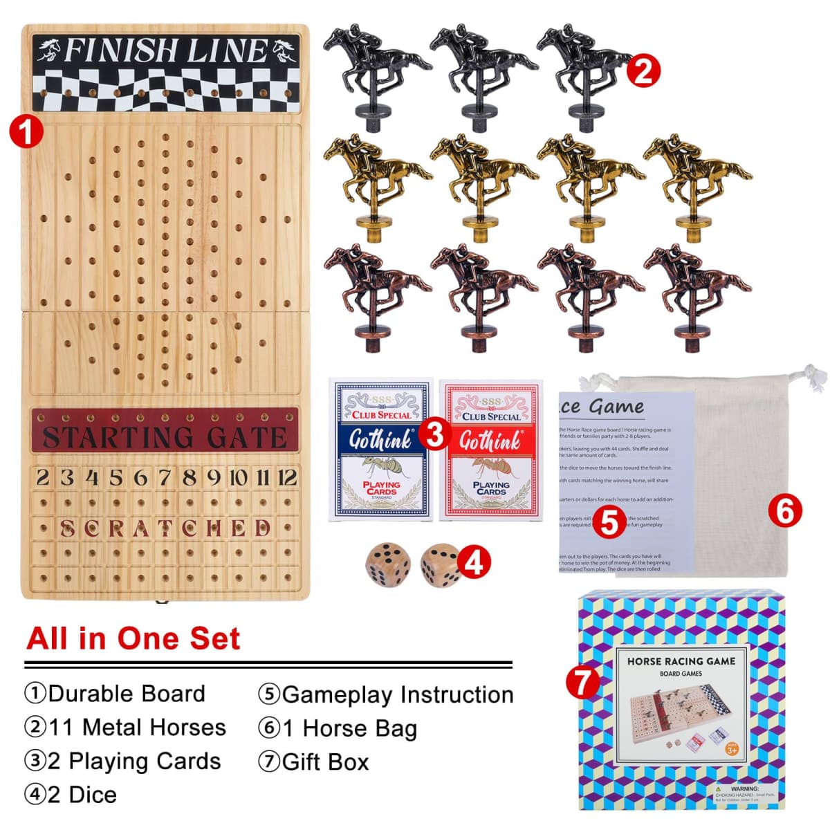 Offelec Large 23 inches Horse Race Board Game, Premium Durable Foldable Wooden Box, Horse Racing Game with 11 Retro Metal Horses, 2 Dices and 2 Playing Cards Fun Family Night Games for Adults Kids thumbnail 2