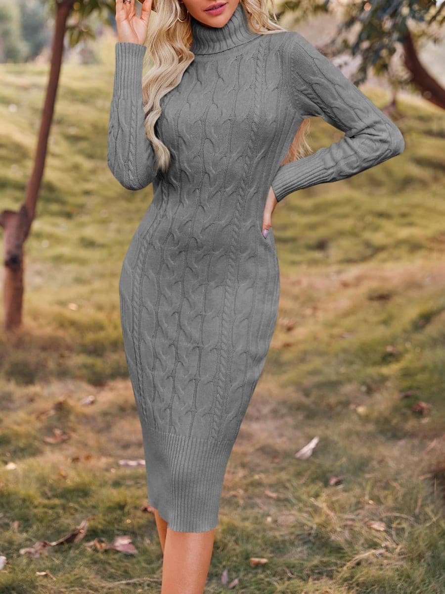 Fangetey Womens Long Sleeve Turtleneck Sweater Dresses Knitted Bodycon Midi Sheath Jumper Dresses, Dark Grey, X-Small thumbnail 2