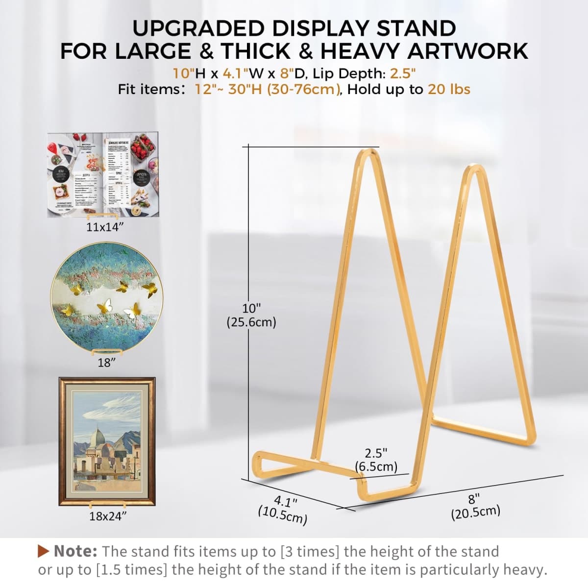 Large Plate Holder Display Stand - 10 inch Tall Plate Stands for Display - Metal Picture Frame Stand - Big Tabletop Easel Stand for Decorative Plates | Platter | Book | Plaque | Tile - 3 Pack - Gold thumbnail 2