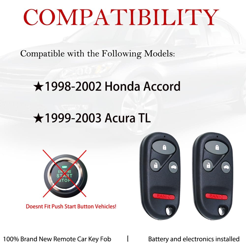 Key Fob Remote Replacement Fits for Honda Accord 1998 1999 2000 2001 2002/Acura TL 1999-2003 KOBUTAH2T Keyless Entry Remote Control 72147-S84-A03 72147-S0K-A02(Pack of 2) thumbnail 2