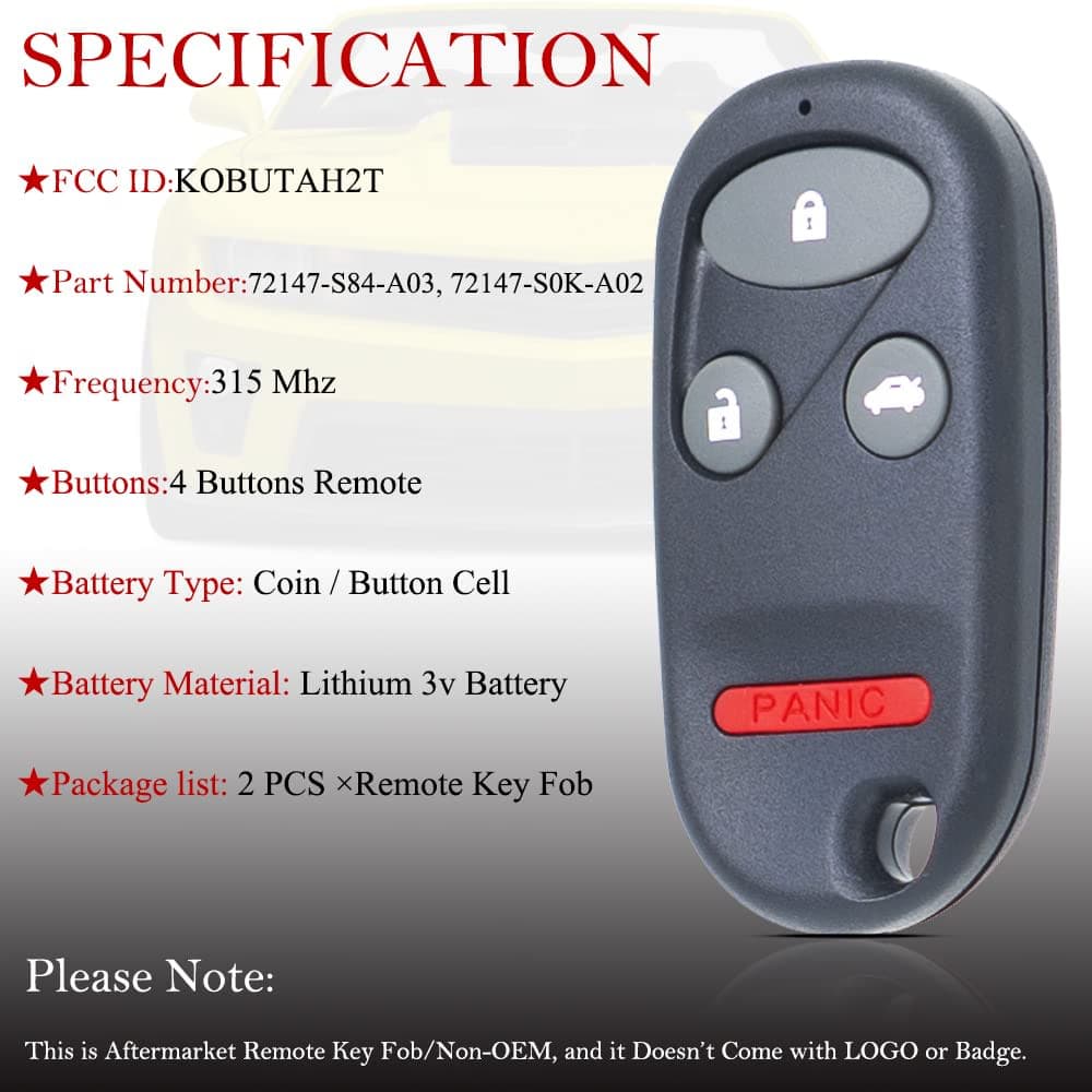 Key Fob Remote Replacement Fits for Honda Accord 1998 1999 2000 2001 2002/Acura TL 1999-2003 KOBUTAH2T Keyless Entry Remote Control 72147-S84-A03 72147-S0K-A02(Pack of 2) thumbnail 4