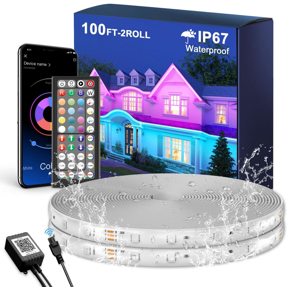 Fussion Outdoor LED Strip Lights Waterproof 100FT (2 Rolls of 50ft) IP67 LED Light Strips with Remote, RGB Color Changing Christmas House Rope Lighting for Outside — image 1