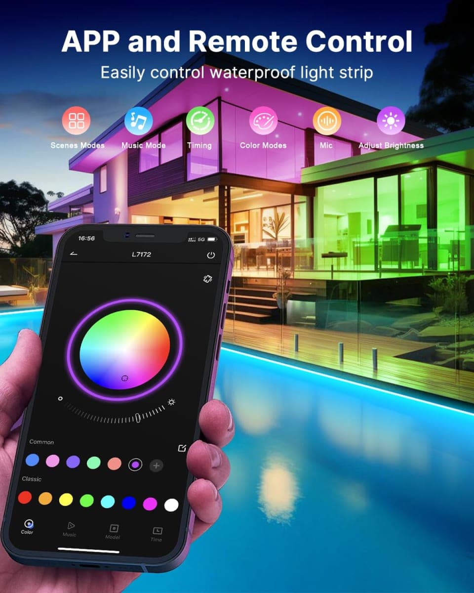 Fussion Outdoor LED Strip Lights Waterproof 100FT (2 Rolls of 50ft) IP67 LED Light Strips with Remote, RGB Color Changing Christmas House Rope Lighting for Outside thumbnail 5