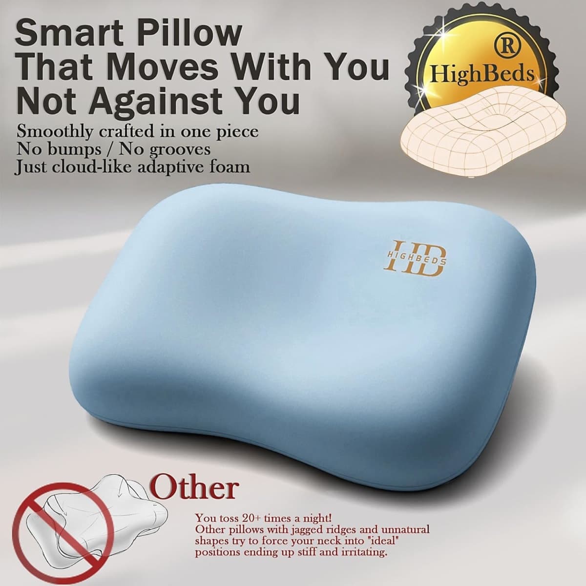 HighBeds Cervical Neck Pillow - Side Sleeper Pillow for Neck Pain Relief, Soft Ergonomic Memory Foam Pillows Ice Silk Zipperless Pillowcase, Eco-Friendly and Durable Material thumbnail 2
