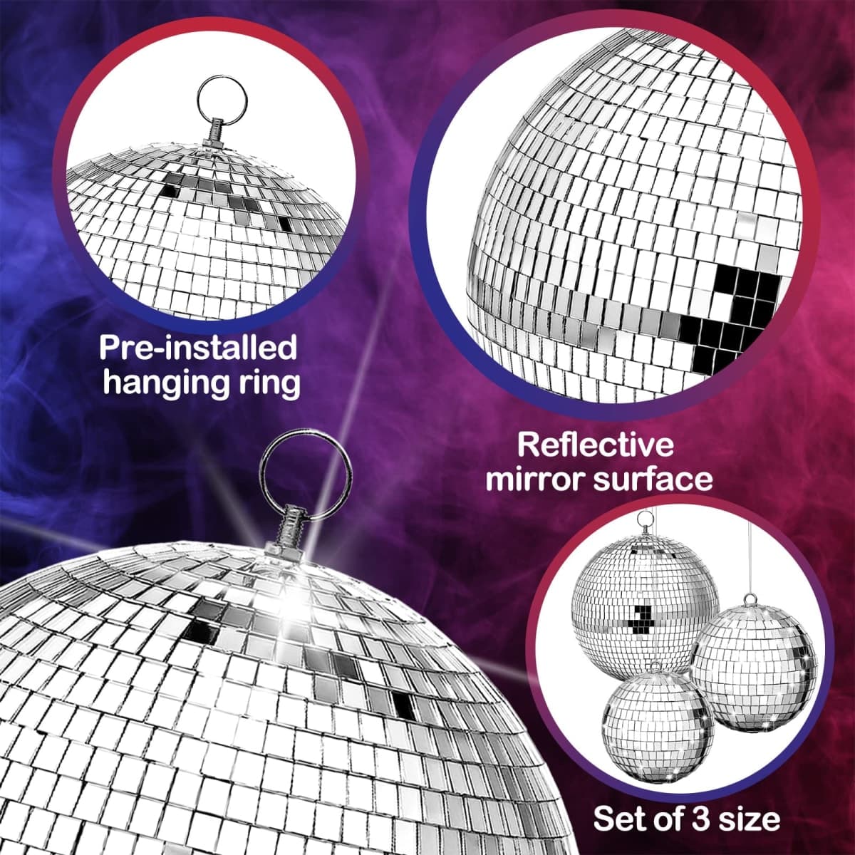 Haull 8 Pcs Large Disco Ball Set Silver Mirror Disco Reflective Ball with Hanging Ring Party Ornament Decoration for Stage Club Ballroom Dance Hall Wedding Prom Props(8'', 6'', 4'') thumbnail 3