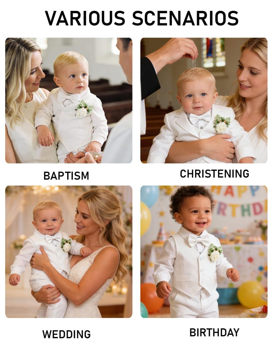 SANMIO Baby Boy Clothes Suits Infant Gentleman Outfit Collared Dress Shirt+Vest+Tie+Corsage+Pants 5Pcs Baby Suit Sets, Apricot+green, 6-12 Months thumbnail 4