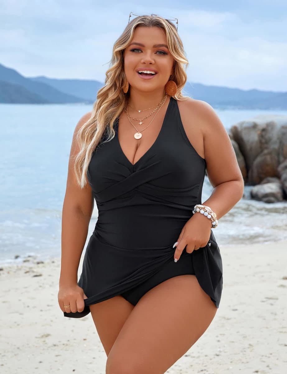 Blooming Jelly Women Plus Size Swim Dress Swimsuits One Piece Maternity Tummy Control Bathing Suit (XXL, Black) thumbnail 3