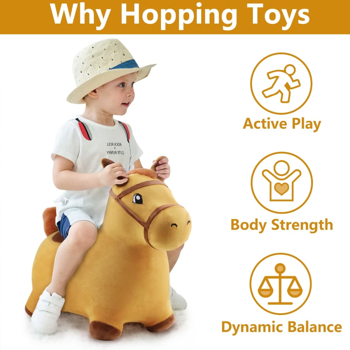 iPlay, iLearn Bouncy Pals Hopping Horse, Toddler Girl Boy Inflatable Bouncing Animal Hopper Toy, Outdoor Indoor Plush Ride on Bouncer, Baby Birthday Gift 18 Month 2 3 4 Year Old Kid - Horse thumbnail 2