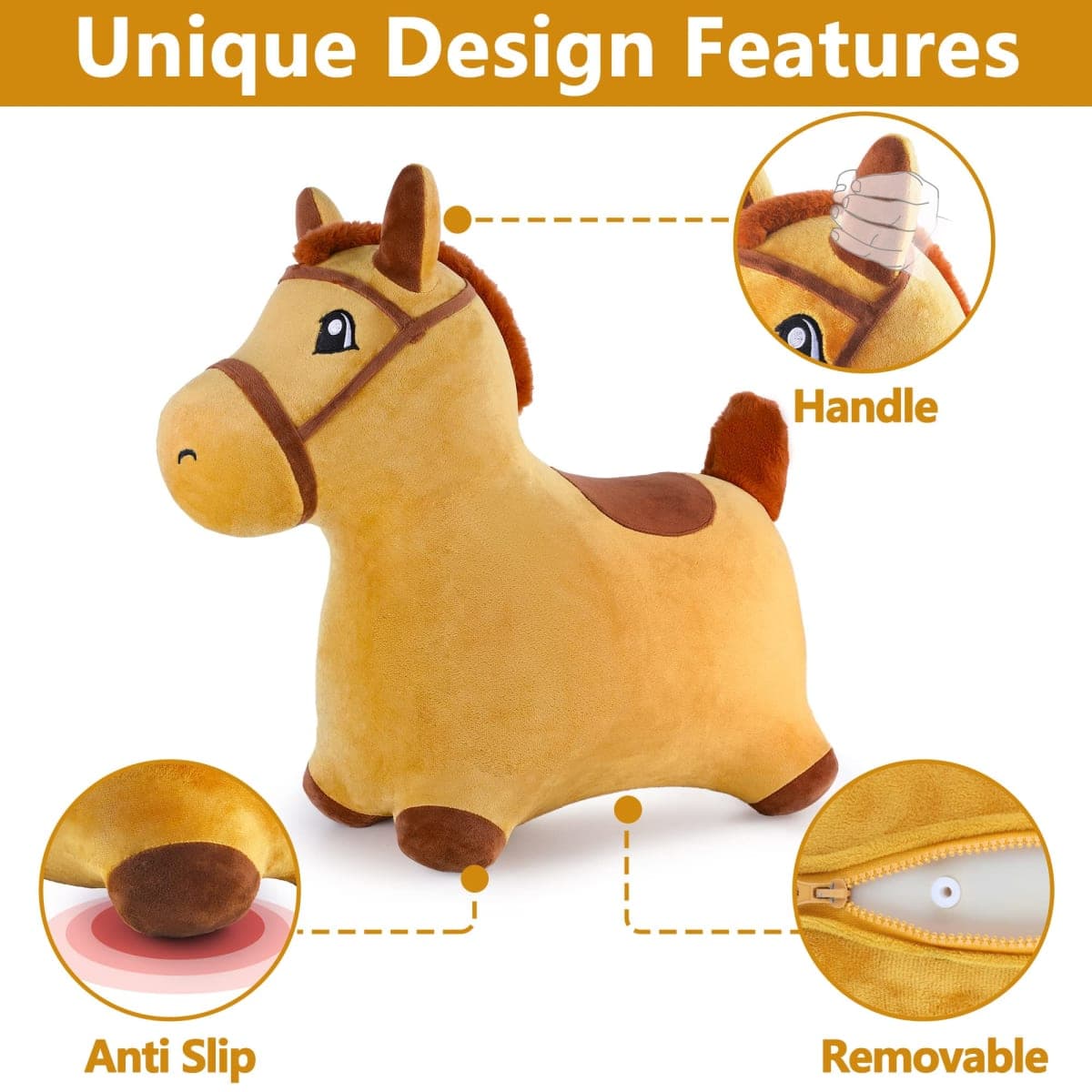 iPlay, iLearn Bouncy Pals Hopping Horse, Toddler Girl Boy Inflatable Bouncing Animal Hopper Toy, Outdoor Indoor Plush Ride on Bouncer, Baby Birthday Gift 18 Month 2 3 4 Year Old Kid - Horse thumbnail 3