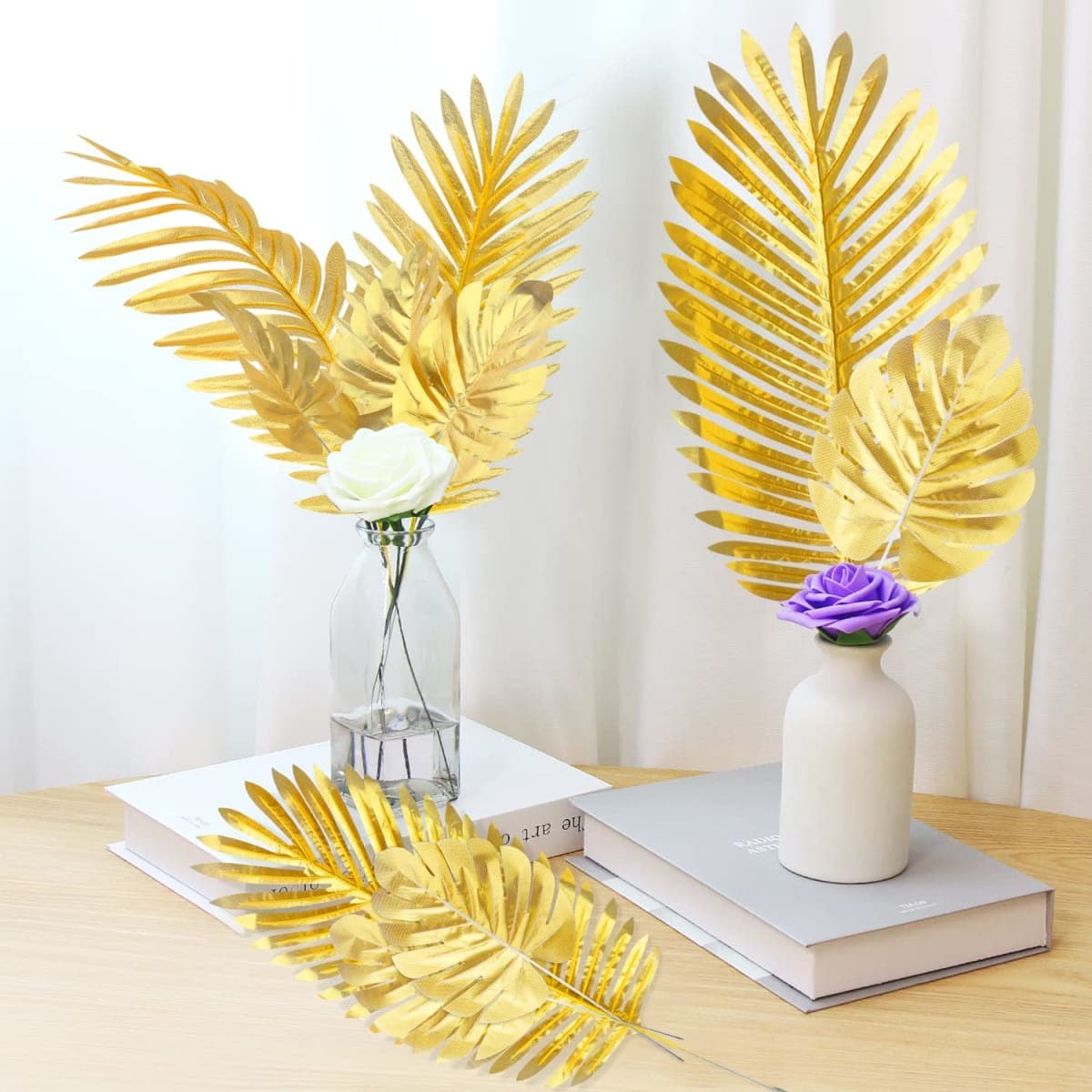 CCINEE 24PCS Golden Artificial Palm Leaves, Faux Monstera Leaves Simulation Safari Leaves with Stems for Home Hawaiian Luau Party Jungle Beach Theme Party thumbnail 4