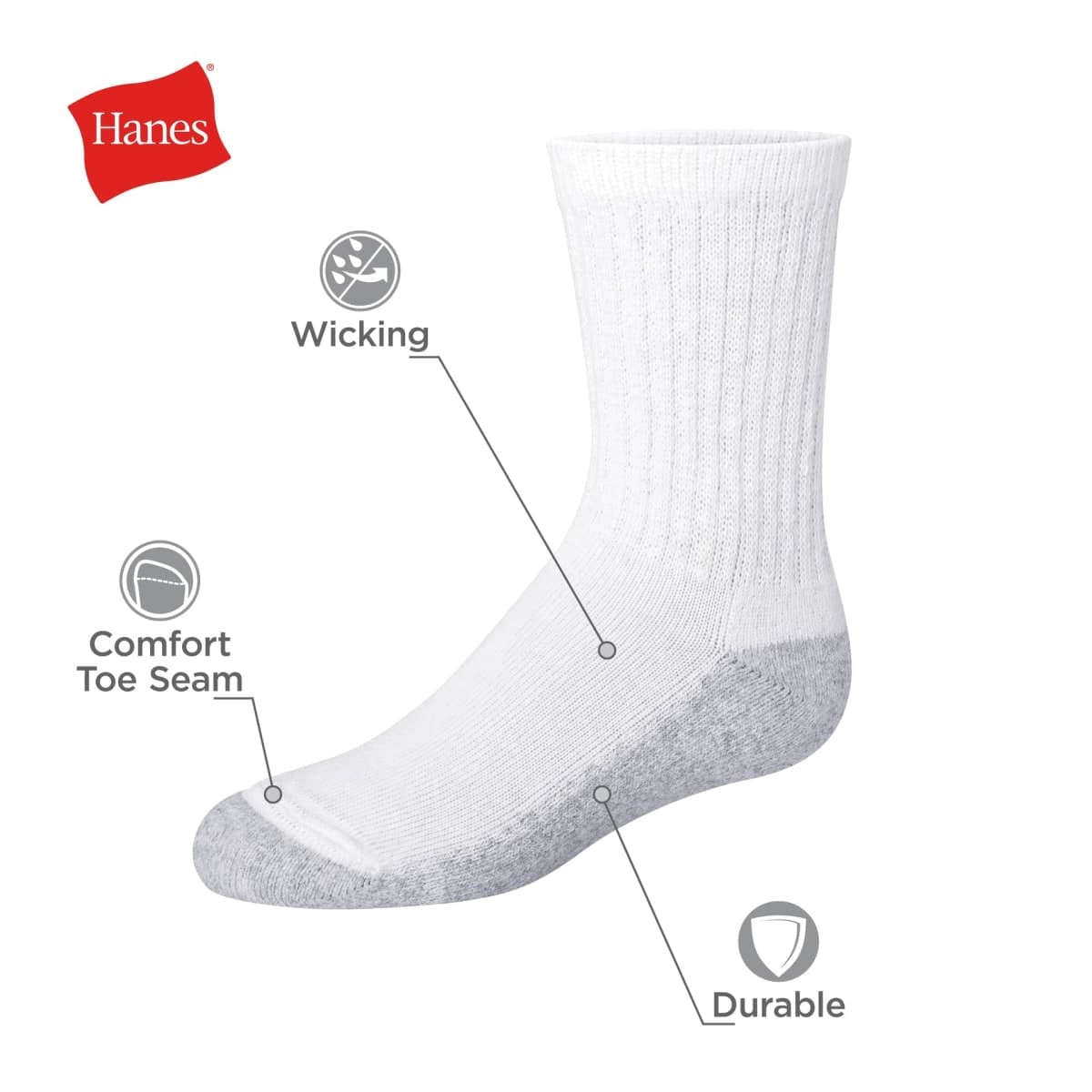 Hanes Boys' Socks, Double Tough Cushioned Crew Socks, 12-pair Packs, White/Grey Bottom, Small thumbnail 3