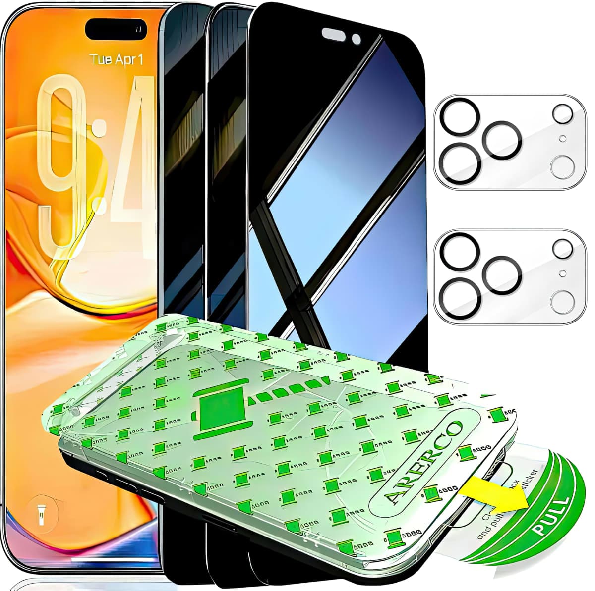 ARERCO 3 Pack for iPhone 17 Pro Max Screen Protector Privacy + 2 Camera Lens Protector 9H+ Tempered Full cover Glass for iPhone 17 ProMax Military Grade Shatterproof Anti Spy Auto Installation frame — image 1