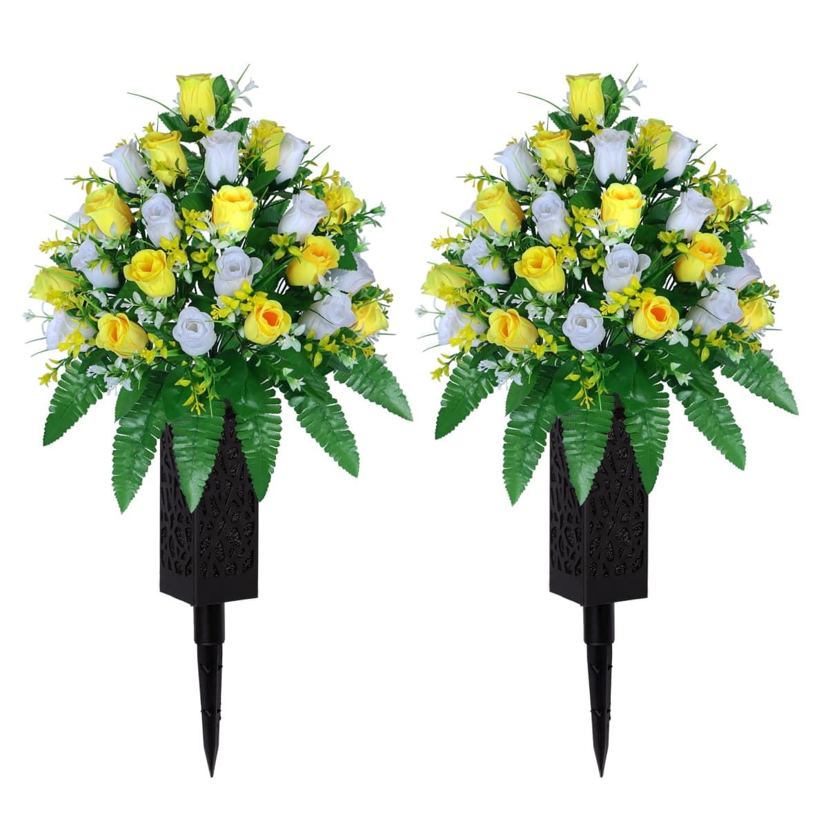 LVXINLI Artificial Cemetery Flowers, Gravesite Decoration Roses, Memorial Bouquets with Cemetery Vase, Vibrant and Long-Lasting Colors (Yellow+White, 2 Bundles) — image 1