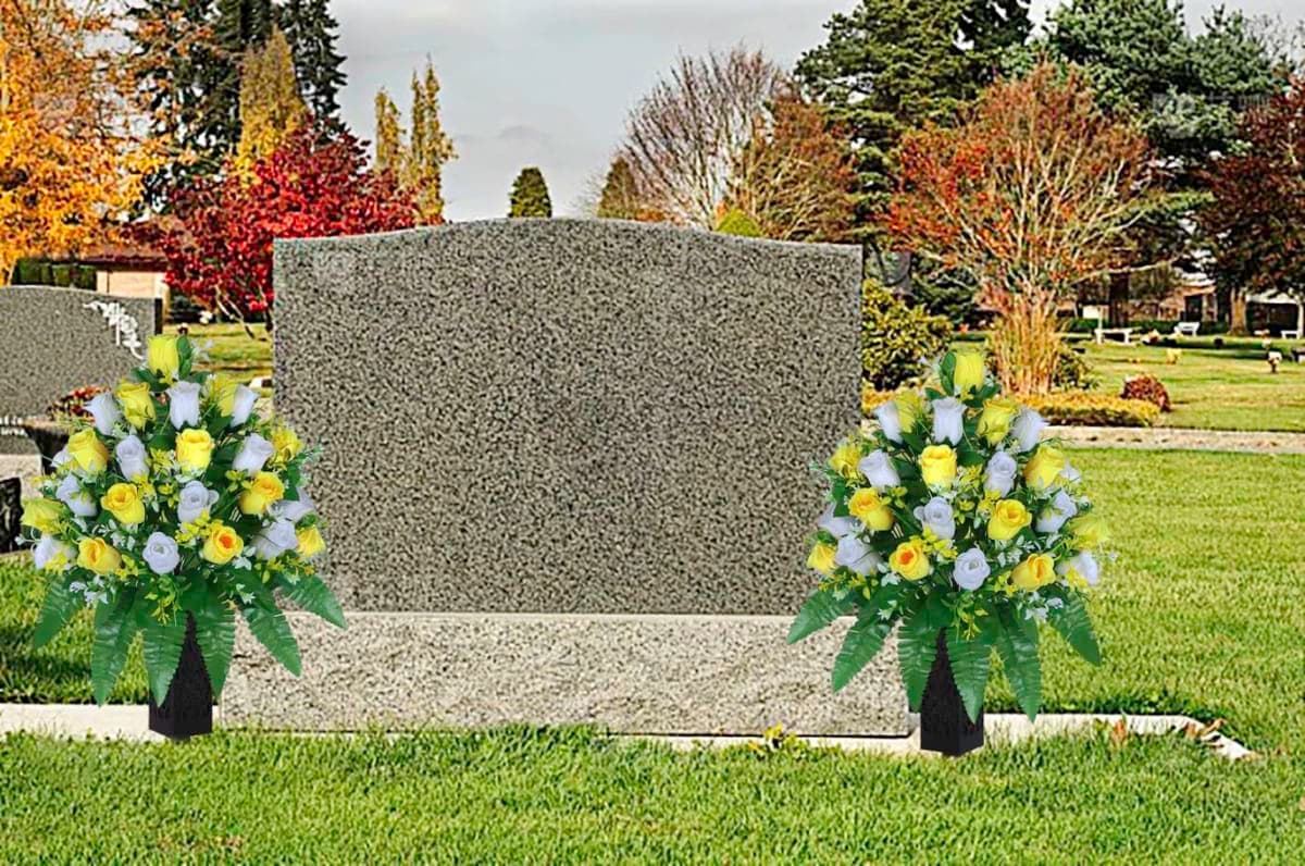 LVXINLI Artificial Cemetery Flowers, Gravesite Decoration Roses, Memorial Bouquets with Cemetery Vase, Vibrant and Long-Lasting Colors (Yellow+White, 2 Bundles) thumbnail 2