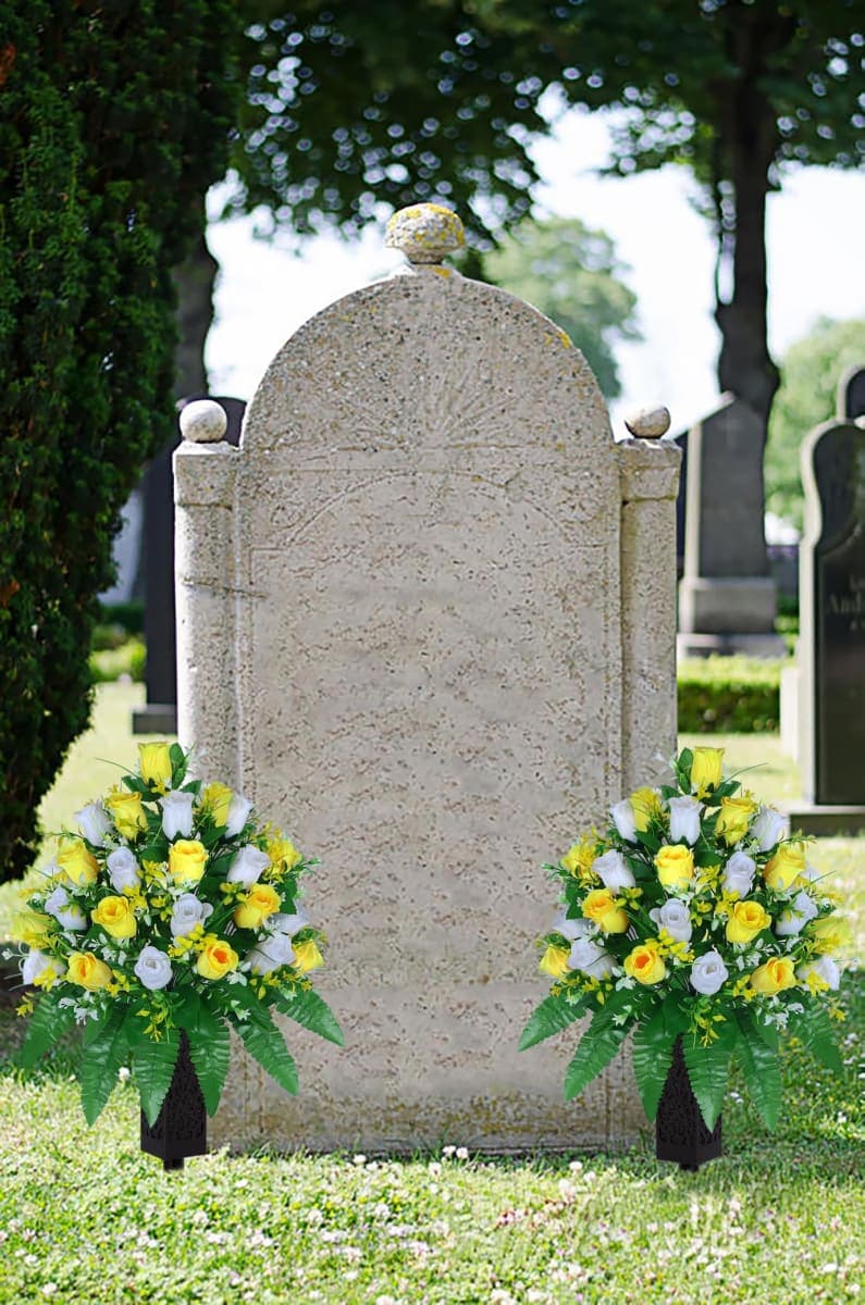 LVXINLI Artificial Cemetery Flowers, Gravesite Decoration Roses, Memorial Bouquets with Cemetery Vase, Vibrant and Long-Lasting Colors (Yellow+White, 2 Bundles) thumbnail 3
