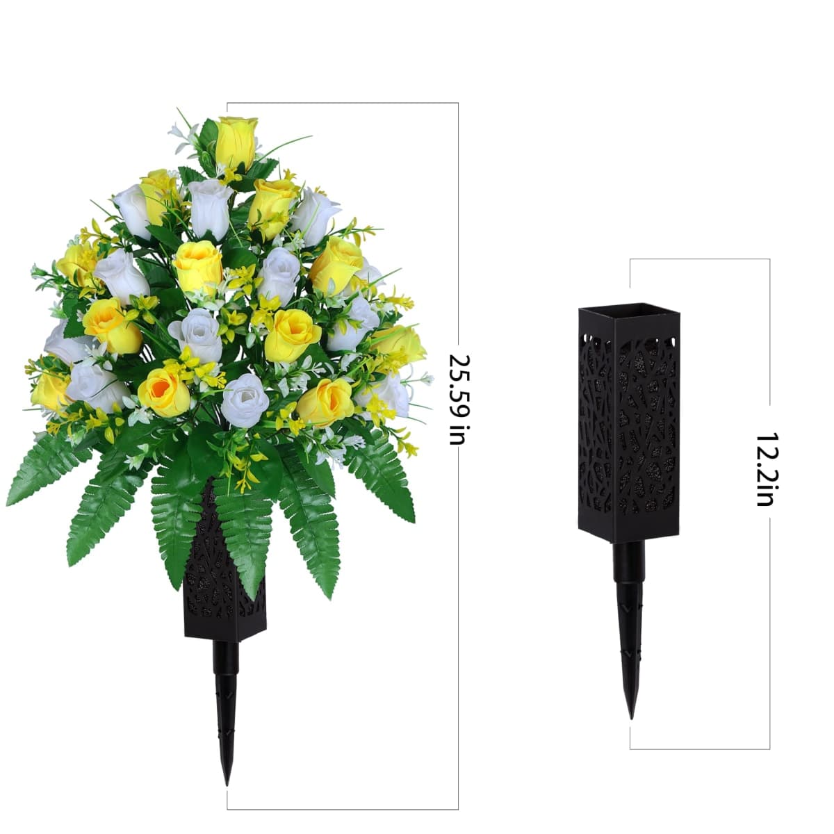 LVXINLI Artificial Cemetery Flowers, Gravesite Decoration Roses, Memorial Bouquets with Cemetery Vase, Vibrant and Long-Lasting Colors (Yellow+White, 2 Bundles) thumbnail 4