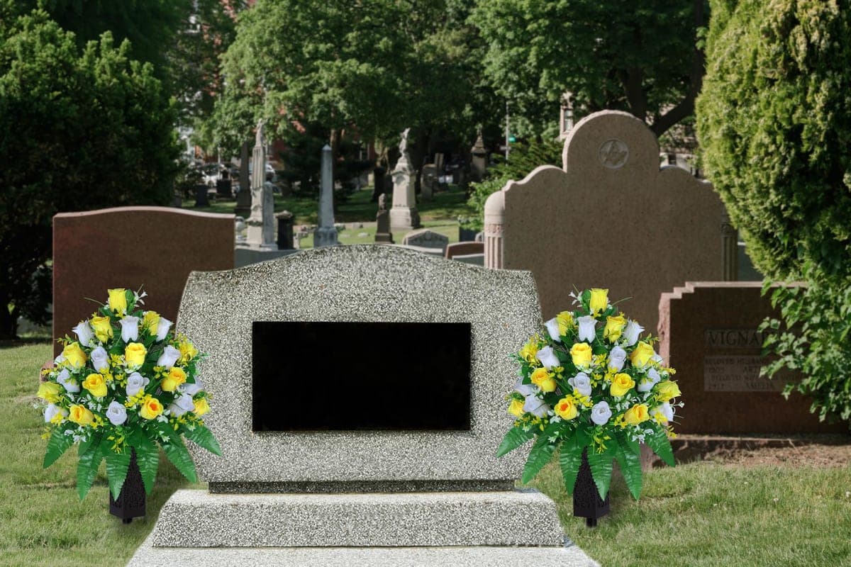 LVXINLI Artificial Cemetery Flowers, Gravesite Decoration Roses, Memorial Bouquets with Cemetery Vase, Vibrant and Long-Lasting Colors (Yellow+White, 2 Bundles) thumbnail 5