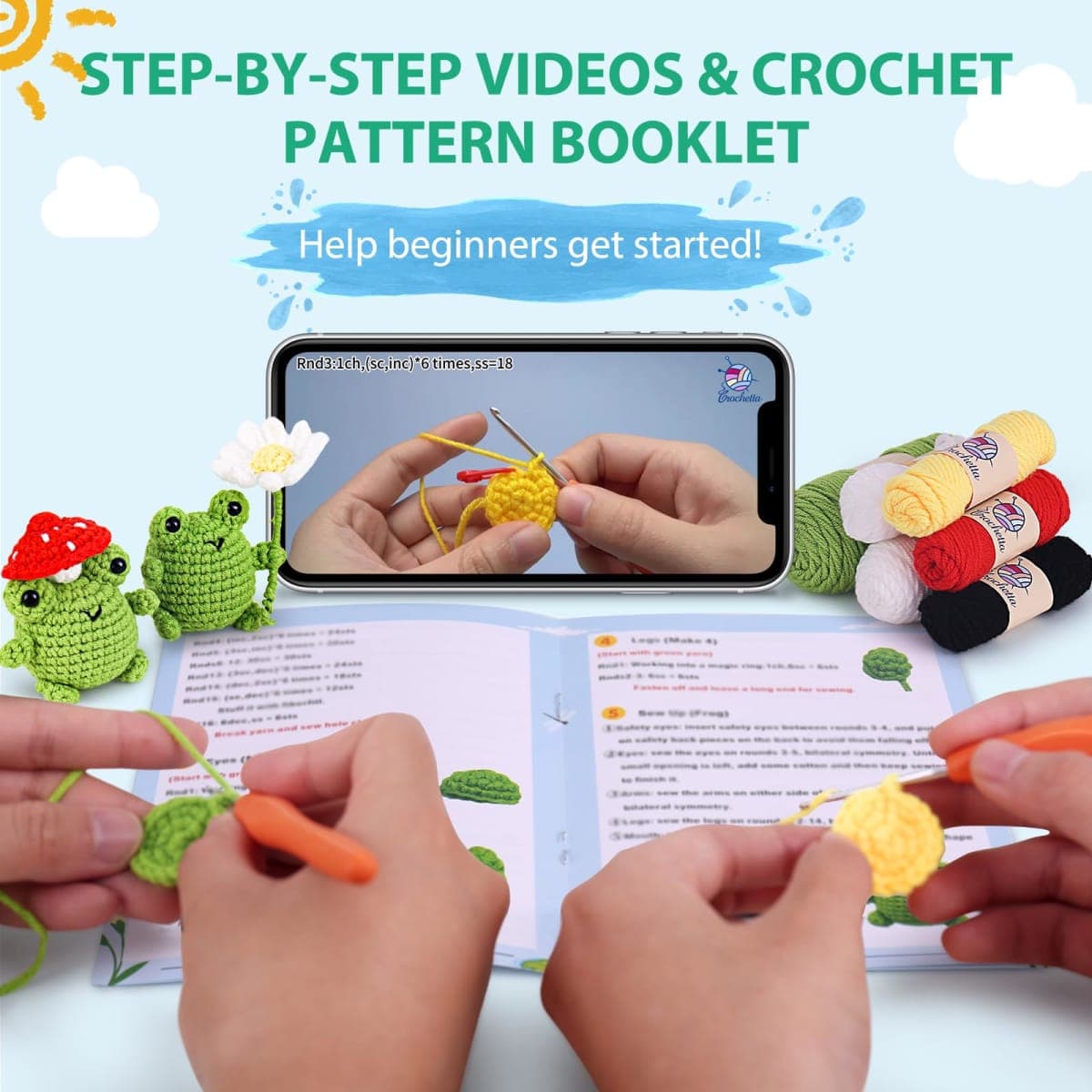Crochetta Crochet Kit for Beginners, Beginner Crochet Animal Kits for Adults with Step-by-Step Video Tutorials, DIY Knitting & Crocheting Craft Hobbies Supplies, 2 Pack Frog Amigurumi(40%+ Yarn) thumbnail 3