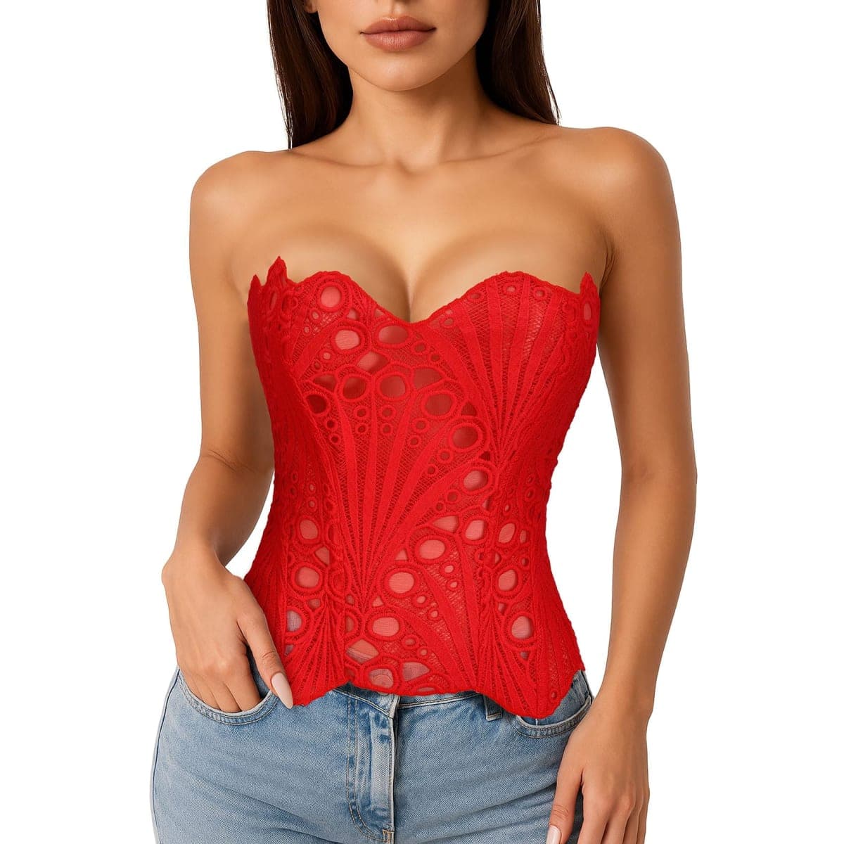 LEACOOLKEY Lacework Corset Top for Women Sexy Textured Sheer Floral Lace Bustier Going Out Lace-up Corset Overbust Top, Red, Medium — image 1