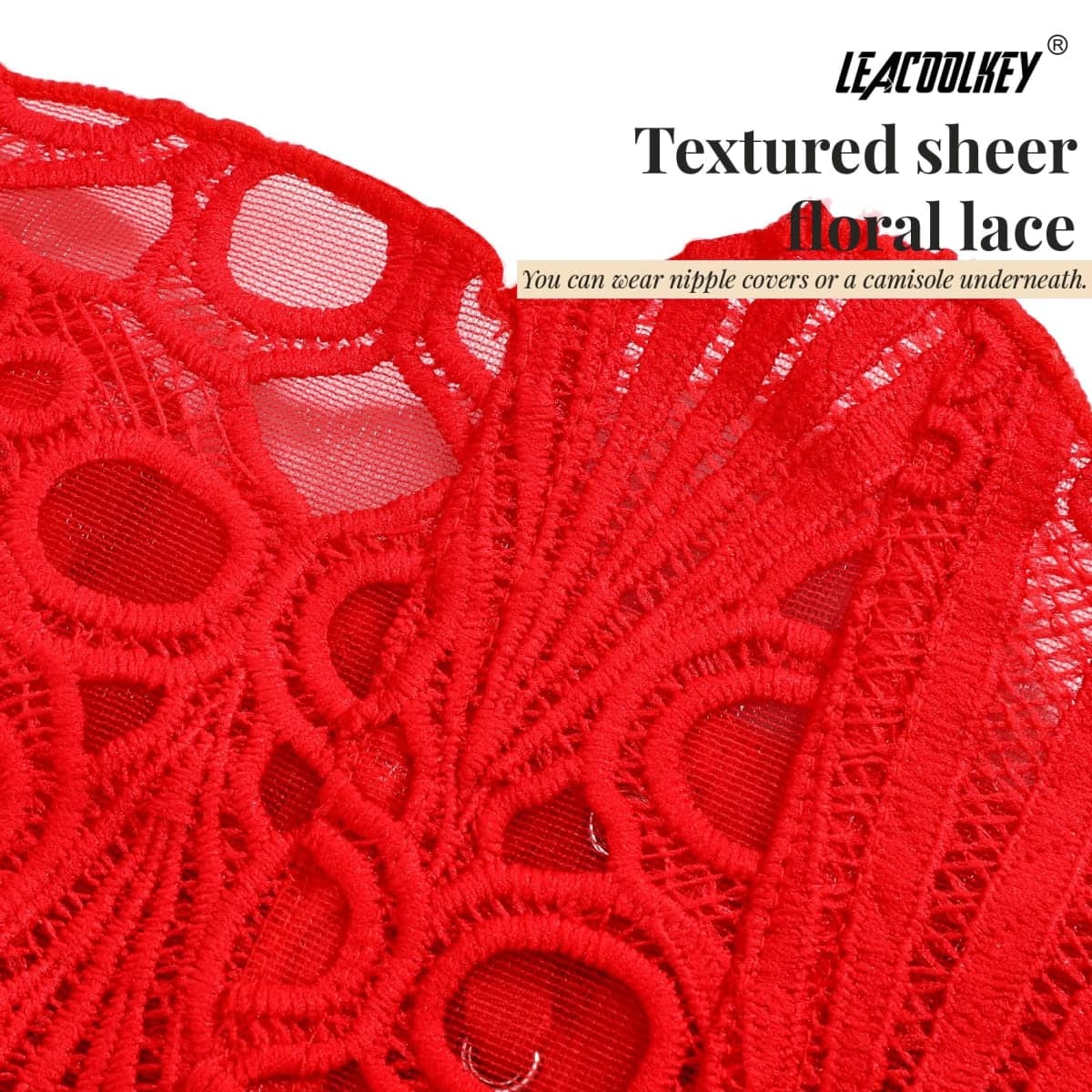 LEACOOLKEY Lacework Corset Top for Women Sexy Textured Sheer Floral Lace Bustier Going Out Lace-up Corset Overbust Top, Red, Medium thumbnail 3