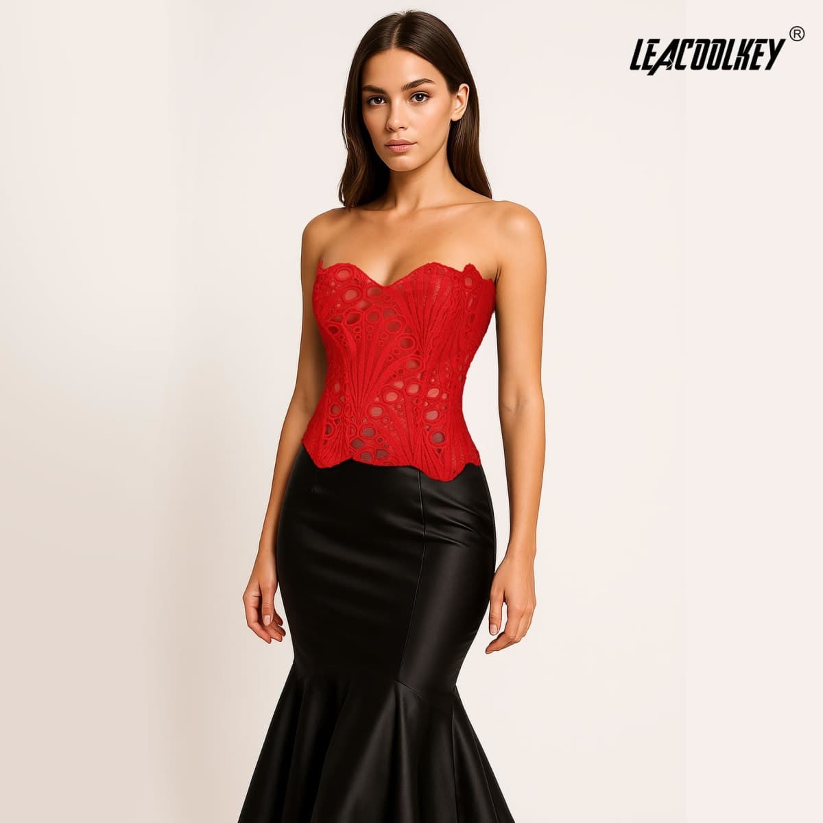 LEACOOLKEY Lacework Corset Top for Women Sexy Textured Sheer Floral Lace Bustier Going Out Lace-up Corset Overbust Top, Red, Medium thumbnail 4