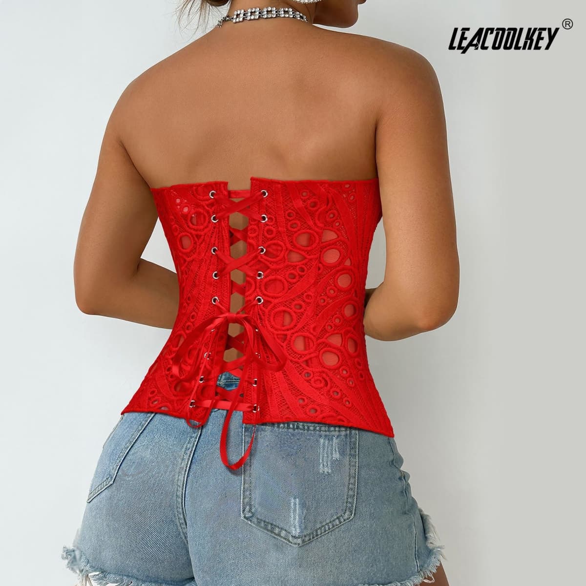 LEACOOLKEY Lacework Corset Top for Women Sexy Textured Sheer Floral Lace Bustier Going Out Lace-up Corset Overbust Top, Red, Medium thumbnail 5