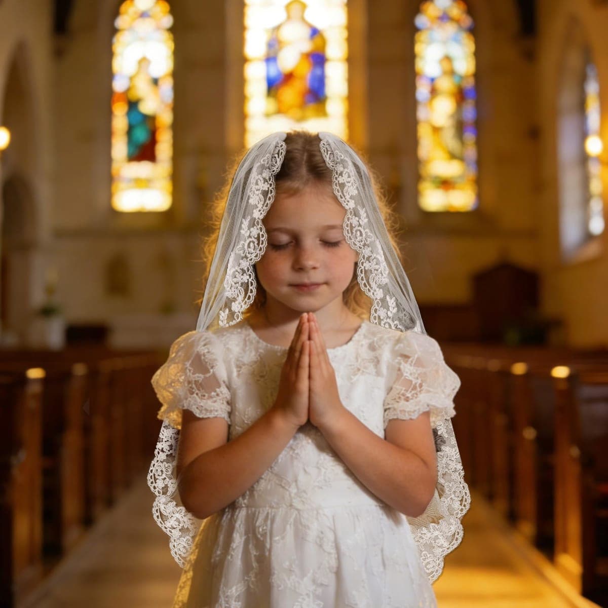 YARIEW First Communion Veil for Girls with Comb White Lace Veil Holy Communion Headpiece for Catholic Sacrament Church Ceremony for Women Party Hair Accessories thumbnail 5