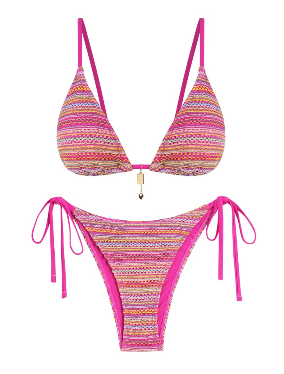 ZAFUL Bikini Sets for Women Crochet Swimsuits Striped Triangle Knit Cheeky Bikini Two Piece Swimwear Side Tie Bathing Suits, A-rose Pink, Medium — image 1